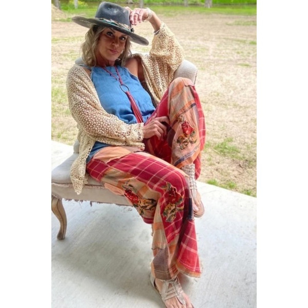 Jaded Gypsy Patchwork Plaid Wide Leg Pants Boho Festival Casual LXL